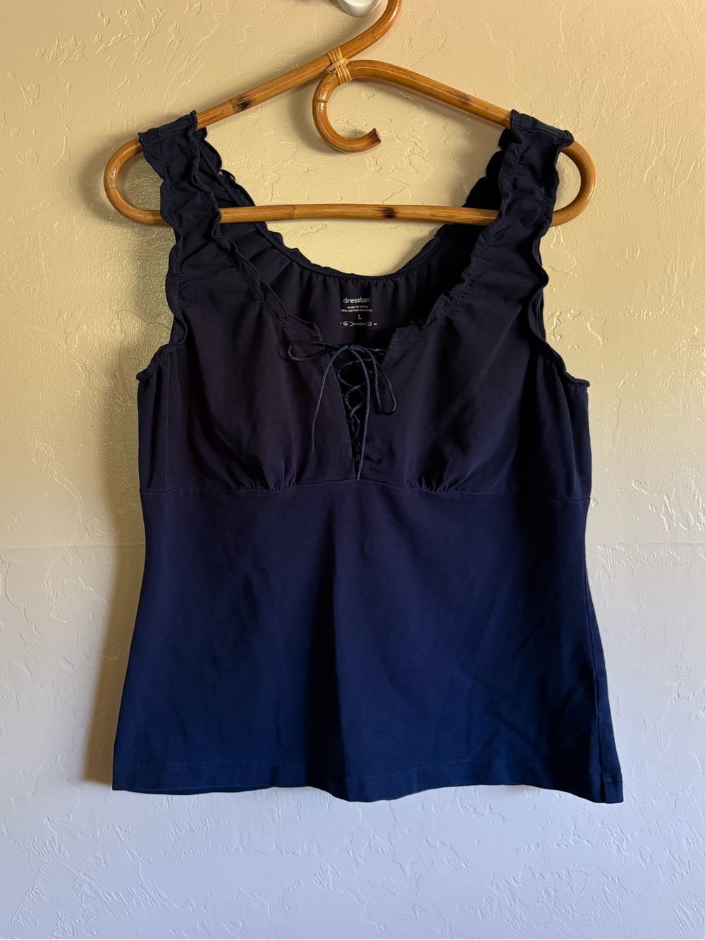 Y2K Dressbarn Babydoll Lace Up Ruffle Navy Blue Tank Top Size Large Cotton Blend